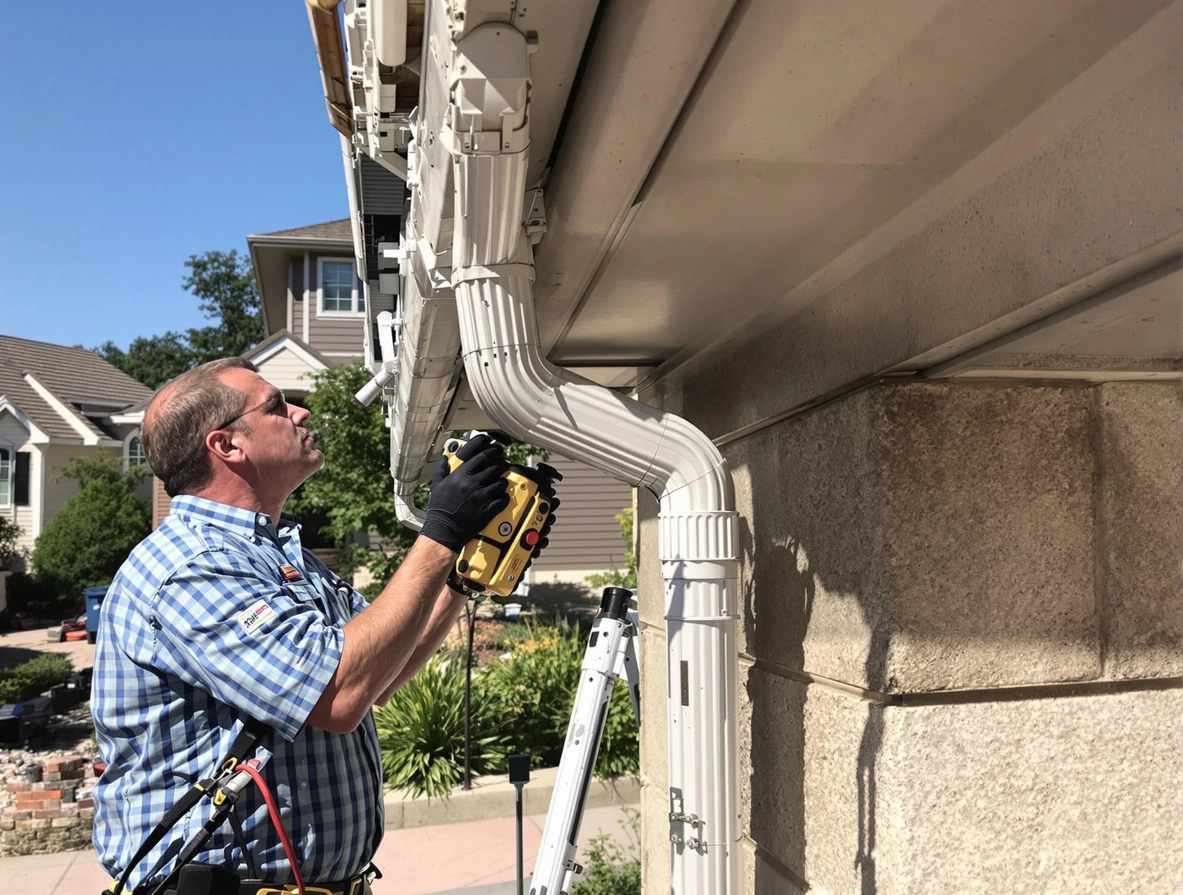 Close-up of a restored downspout system by Westlake Roofing Company in Westlake, OH