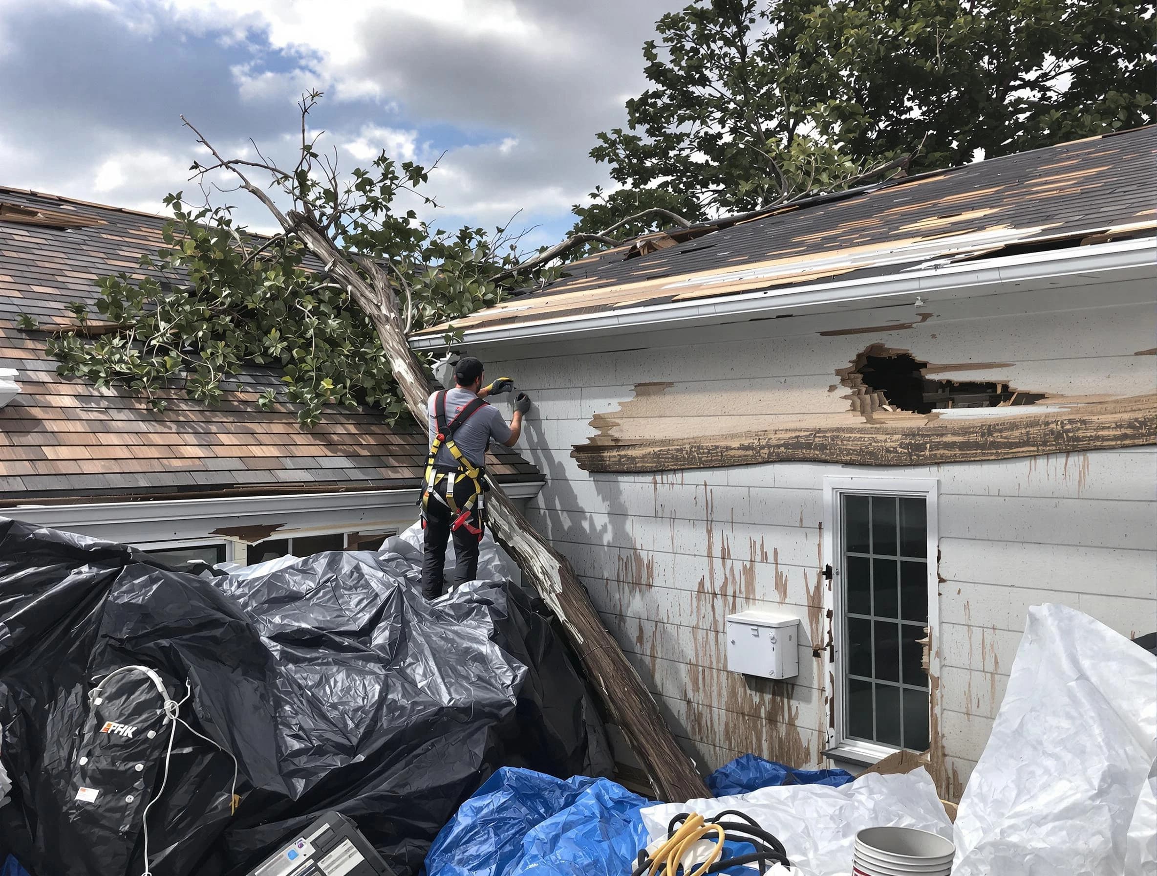 Westlake Roofing Company technicians handling urgent roof damage in Westlake, OH