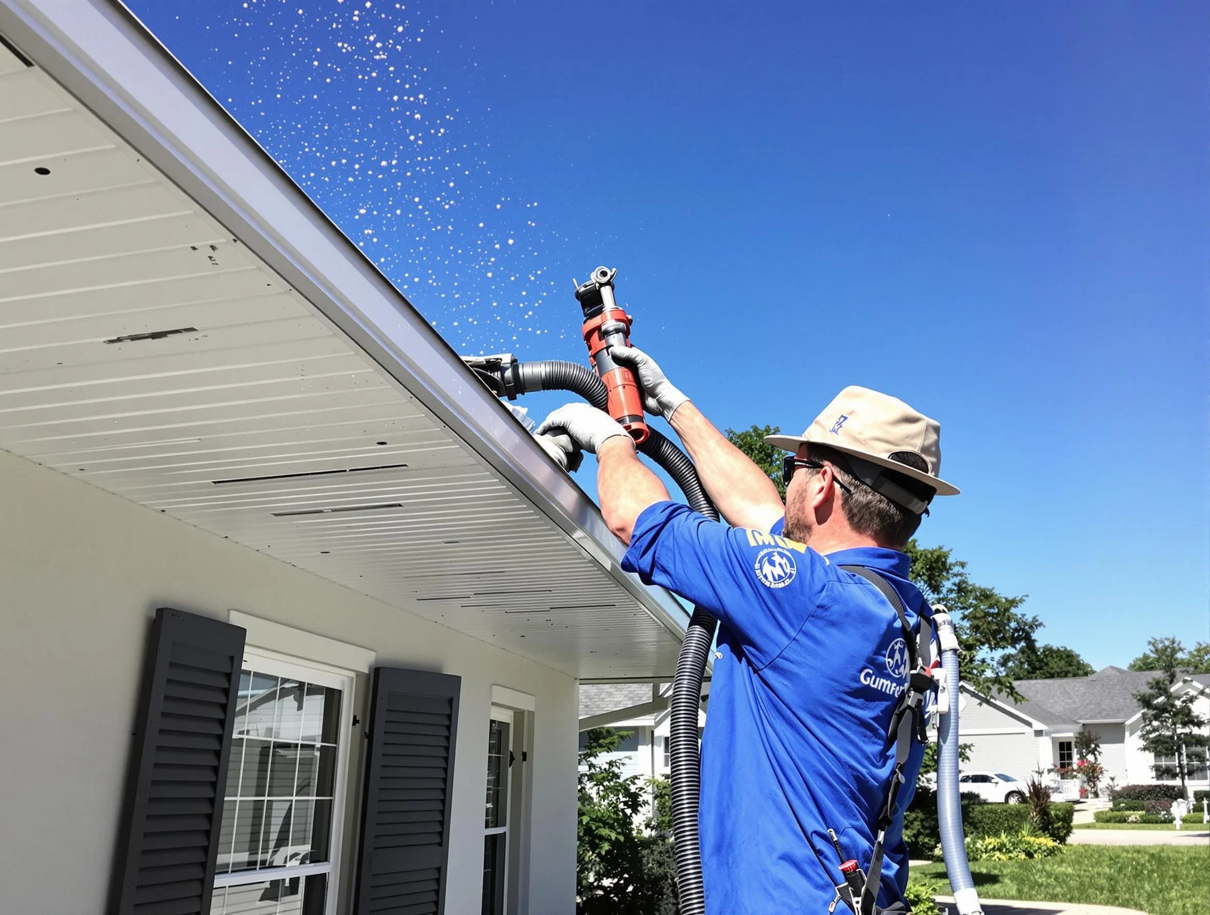 Technician completing a gutter cleaning project by Westlake Roofing Company in Westlake, OH