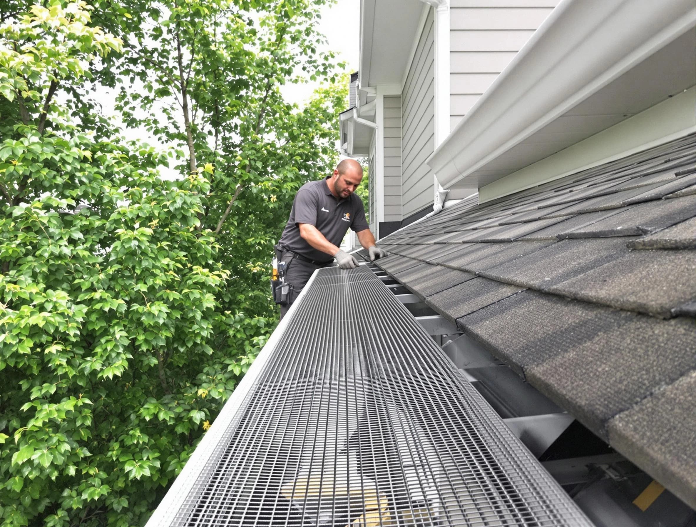 Close-up of gutter guards installed by Westlake Roofing Company in Westlake, OH