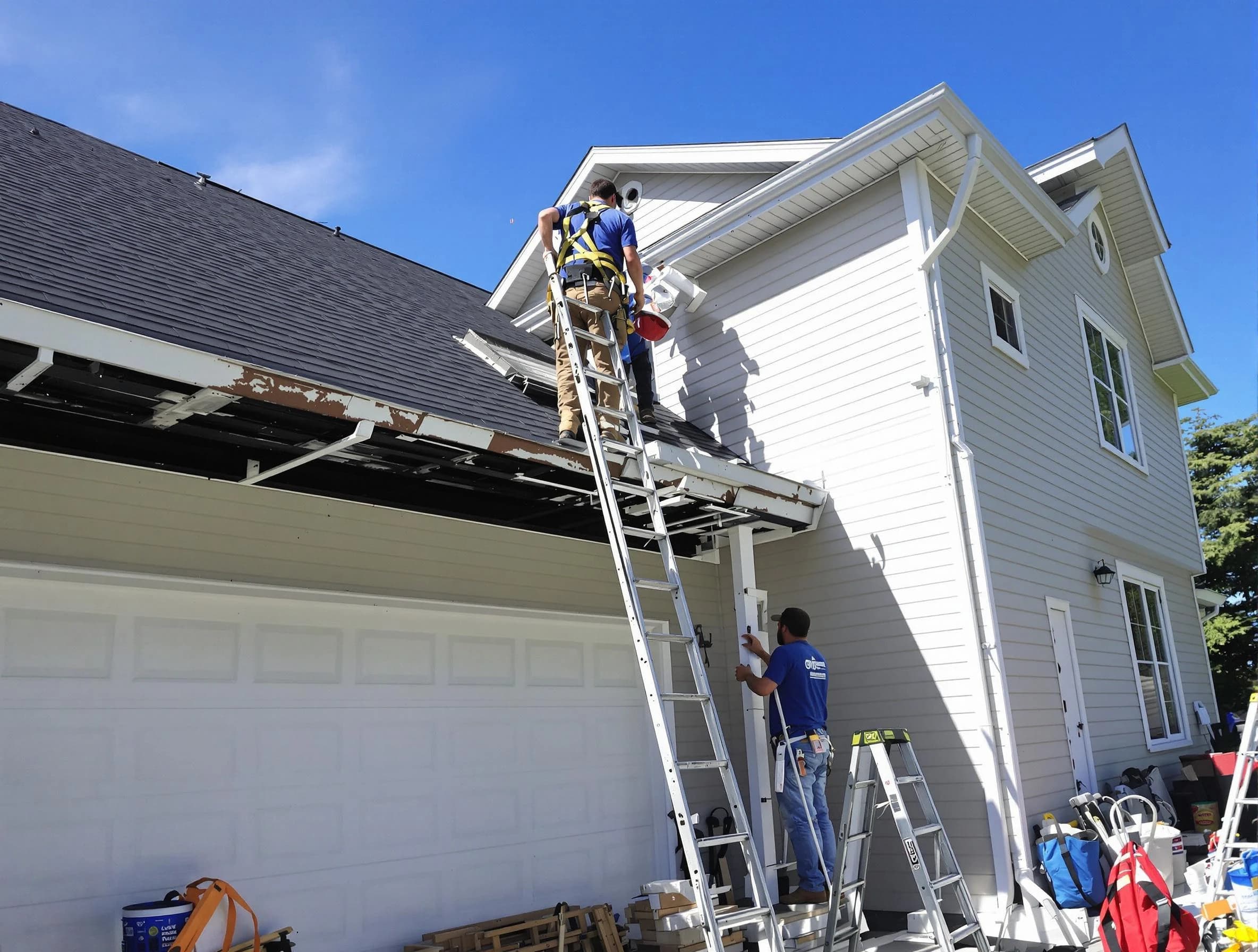 Newly replaced gutters by Westlake Roofing Company in Westlake, OH