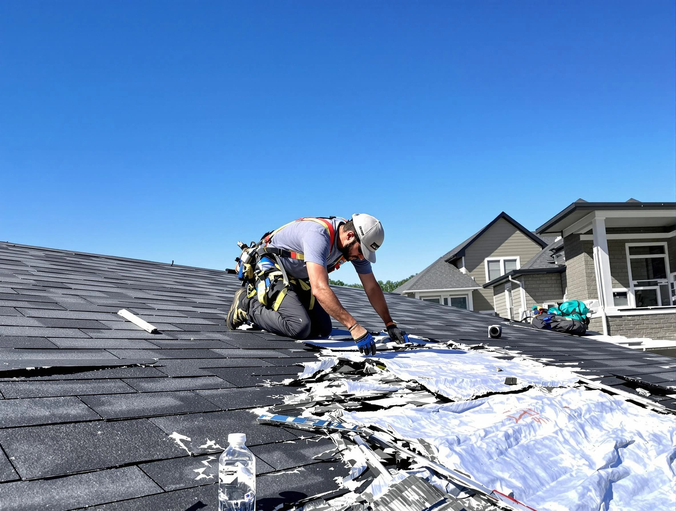 Westlake Roofing Company repairing a roof section in Westlake, OH