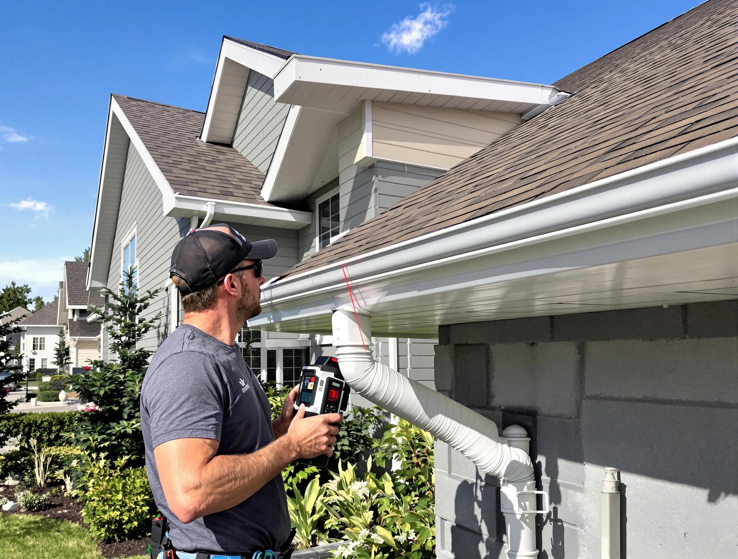 Westlake Roofing Company installing seamless gutters in Westlake, OH