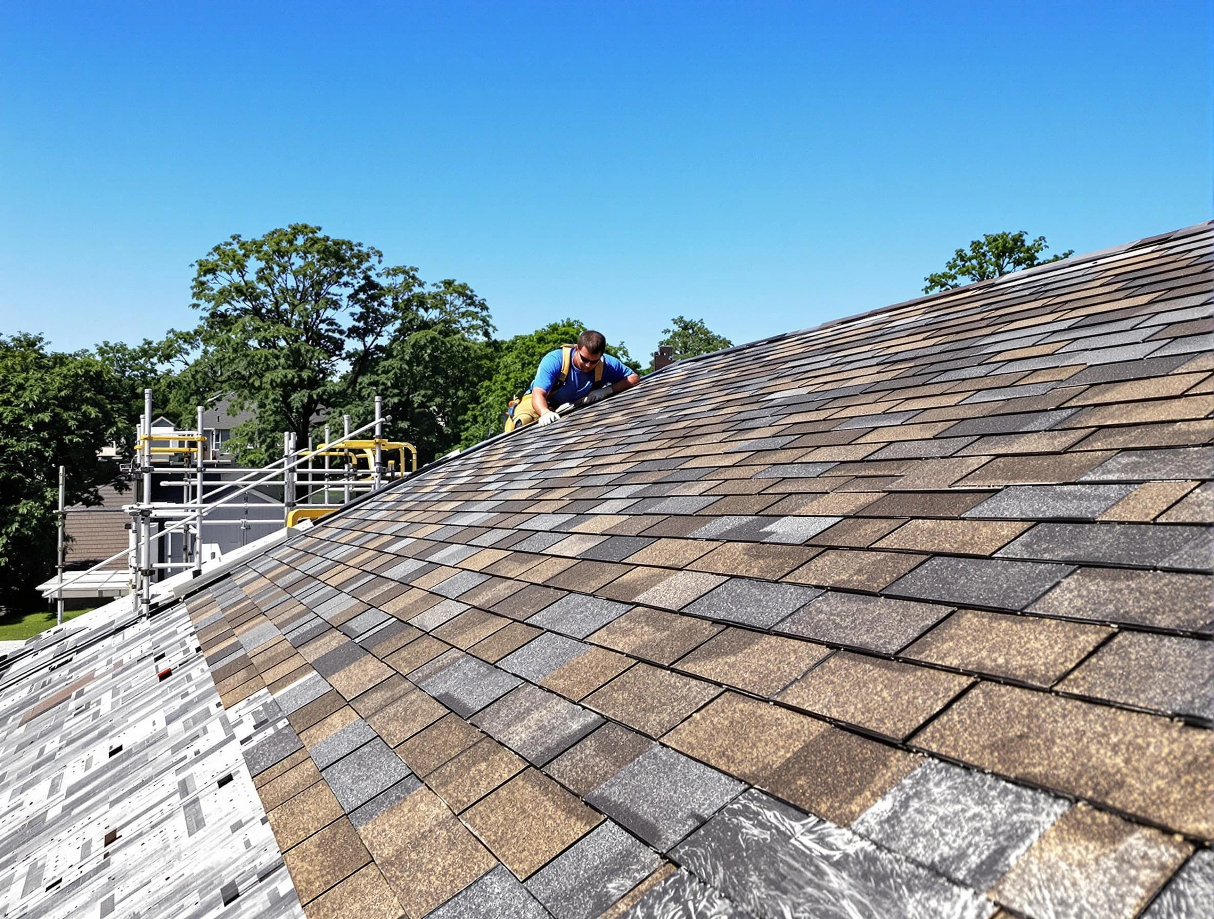 Close-up of new shingles installed by Westlake Roofing Company in Westlake, OH